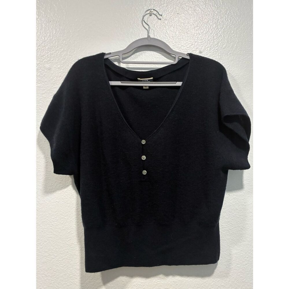 J. Crew Black V-Neck Short Sleeve Featherweight Cashmere Top